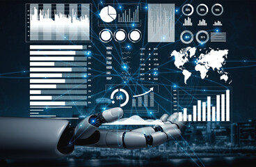 Futuristic Robot Hand Interacting with Data Visualizations and Digital Analytics in a High-Tech...