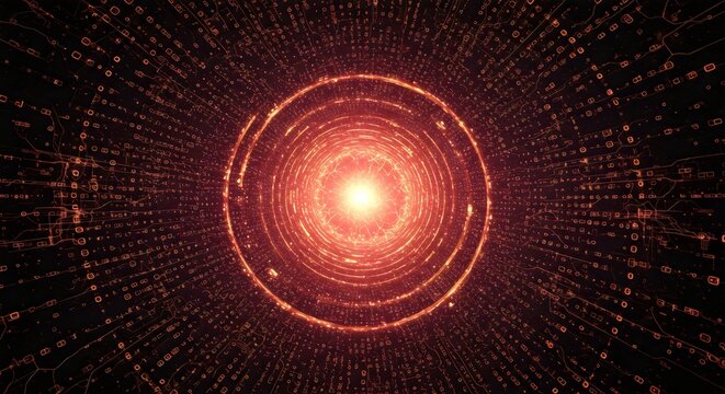 a digital data tunnel with a bright orange light at the center. The tunnel is composed of lines of numbers, letters, and glowing binary code - Powered by Adobe