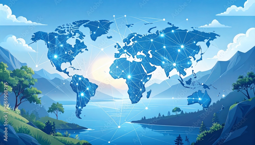 Aufkleber blue abstract business concept of a world map with binary code and continents