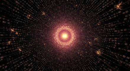 a digital data tunnel with a bright orange light at the center. The tunnel is composed of lines of numbers, letters, and glowing binary code