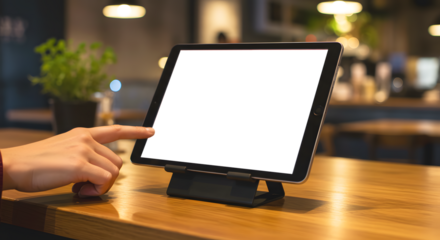Menu board tablet mockup with a woman’s hand reaching out to touch the tablet.