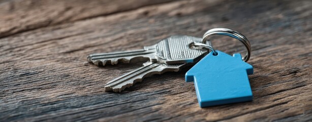 The keys with blue house-shaped keychain on rustic wooden table symbolizing homeownership
