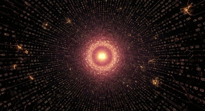 a digital data tunnel with a bright orange light at the center. The tunnel is composed of lines of numbers, letters, and glowing binary code