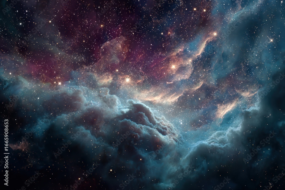 Poster breathtaking view of cosmic clouds filled with shimmering stars in the vastness of space capturing t