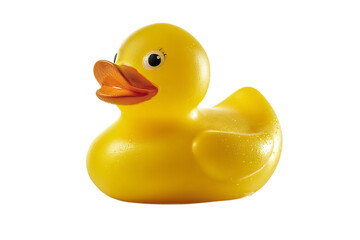 A bright yellow plastic ducky, a classic childhood bath toy, is isolated on a transparent background