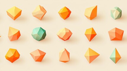 A collection of geometric shapes in various colors and sizes.