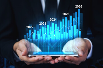 Business bar chart and line graph showing yearly business growth from 2022 to new year 2026,...