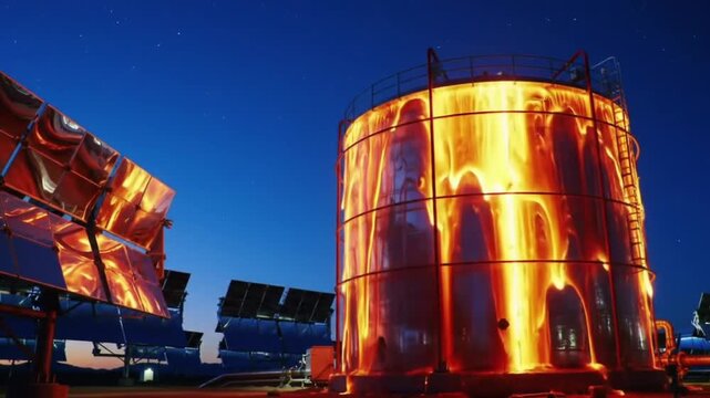 solar thermal energy storage tank glowing at night