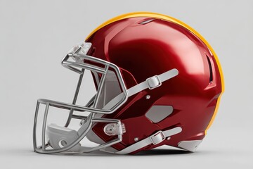Fototapeta premium Isolated American football helmet showcasing a vibrant red color with yellow accents on a neutral grey background, perfect for sports merchandise or promotional materials