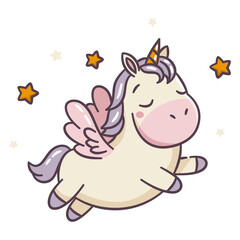 A cute unicorn with wings flying across the sky, surrounded by stars, flat vector illustration in a cute kawaii style on a white background. Vector illustration