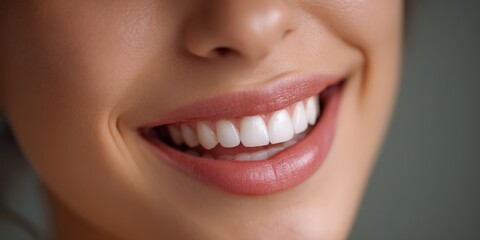 Naklejka premium Close-up of a bright, healthy smile with white teeth and glossy lips, highlighting dental aesthetics and oral care.