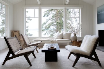 Modern, light-filled living room with lake views