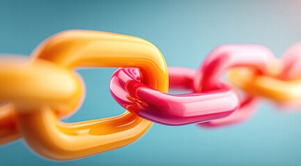 Abstract chain illustration featuring interlocking links in bold colors against a blue backdrop.