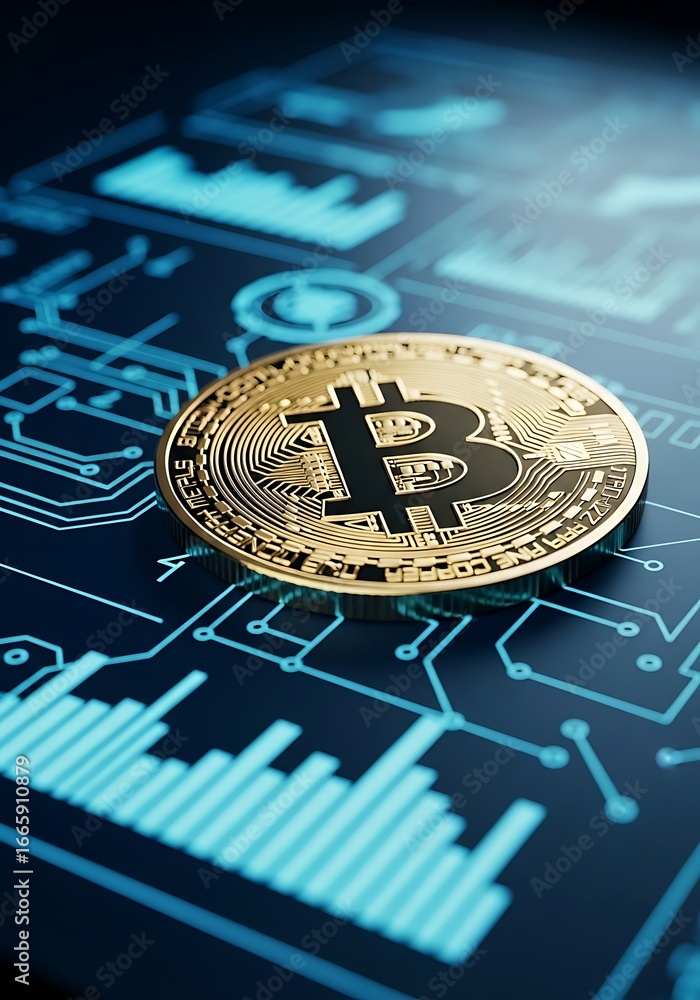 Poster Closeup of a golden bitcoin coin resting on a blue digital circuit board with data