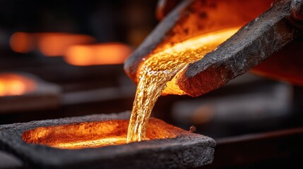 Glowing molten metal being poured into a mold during the casting process in a foundry.