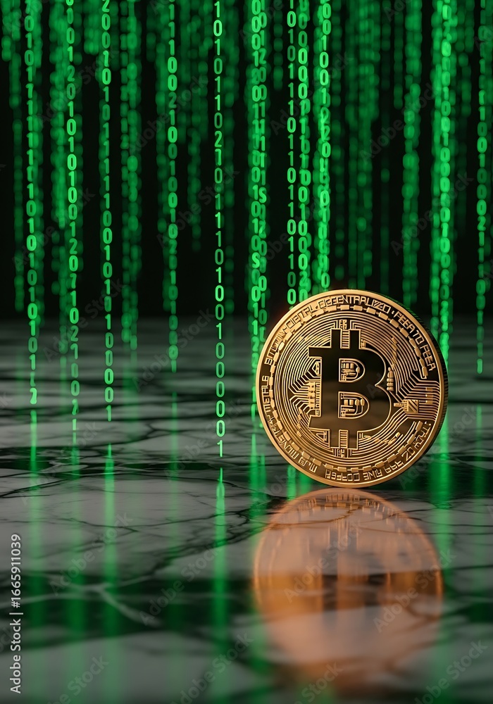 Poster golden bitcoin coin with a reflection against a backdrop of falling green binary code