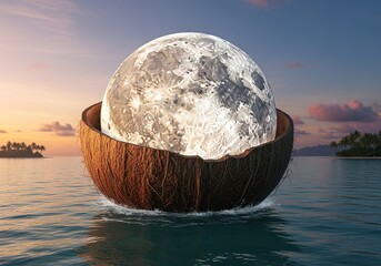 An isolated coconut on a blue sphere with water and clouds at night