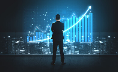 A businessman stands confidently in a modern office, analyzing a growth graph against a stunning...