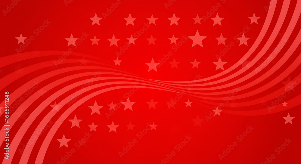 Poster an abstract graphic with flowing red waves and scattered red stars, creating a dynamic, celebratory 