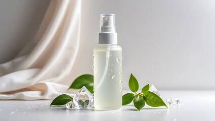 Clear spray bottle with water droplets and green leaves crystal accents white fabric