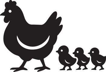 Hen with baby chicks following silhouette, vector design perfect for poultry, farm, livestock, and nature themes.