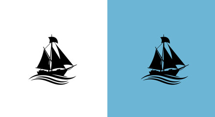 Sailing Ship on the Waves Graphic Silhouette Illustration with Split Background © mrvect02