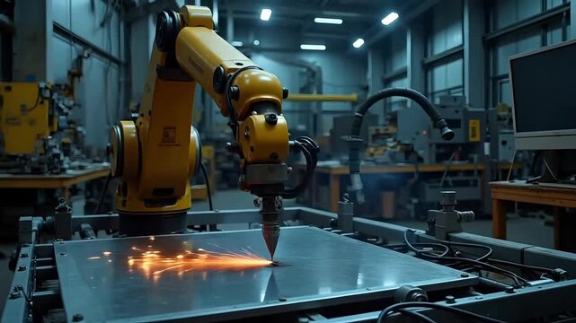 Dynamic robotic arm precision welding with sparks flying in a modern factory setting, showcasing automation and advanced manufacturing processes for industrial solutions