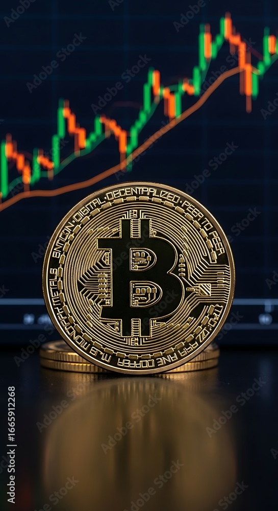 Poster bitcoin cryptocurrency coin on a table with a financial stock market graph in the background