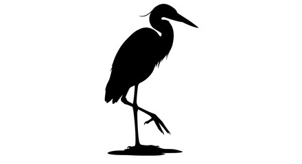 Elegant Heron Standing on One Leg Black Silhouette