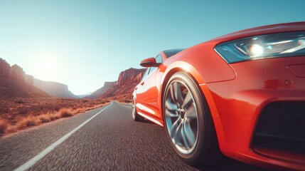 Naklejka premium A red sports car speeds down a desert highway on a sunny day, capturing a sense of adventure.