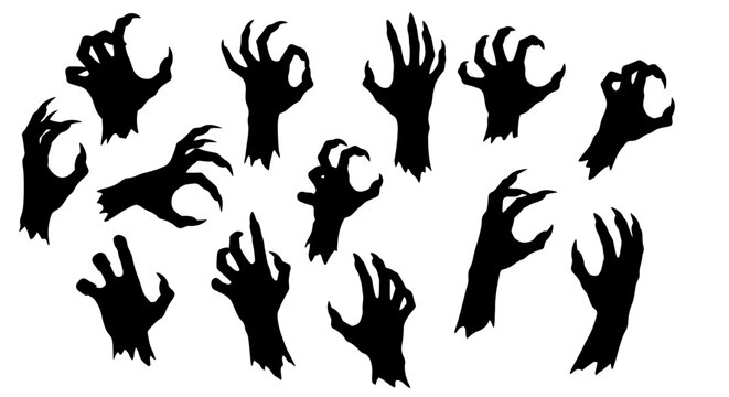 Spooky Hands with Sharp Claws Seamless Pattern in Black and White silhouette