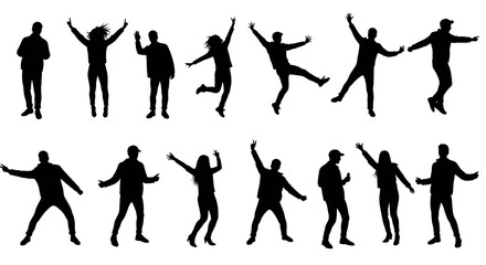 Diverse Group of People Celebrating and Dancing Silhouette Style on White Background silhouette