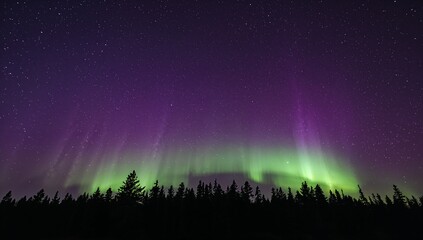 A captivating display of the aurora borealis, a vibrant green and purple light show against a starlit night sky, framed by dark silhouettes of evergreen trees.