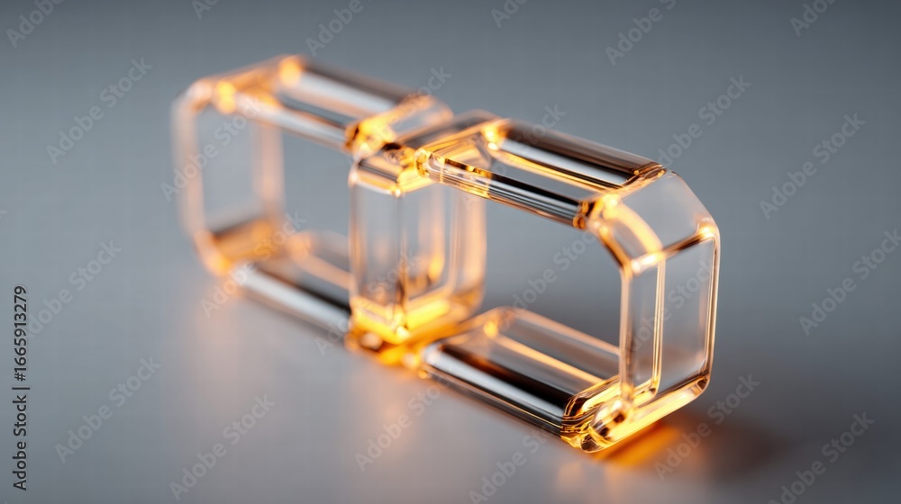 Poster a glowing blockchain concept rendered with glass blocks on a gray background, symbolizing digital te