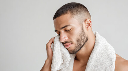Fototapeta premium man gently wiping his face with towel embodying tranquility and deep breath