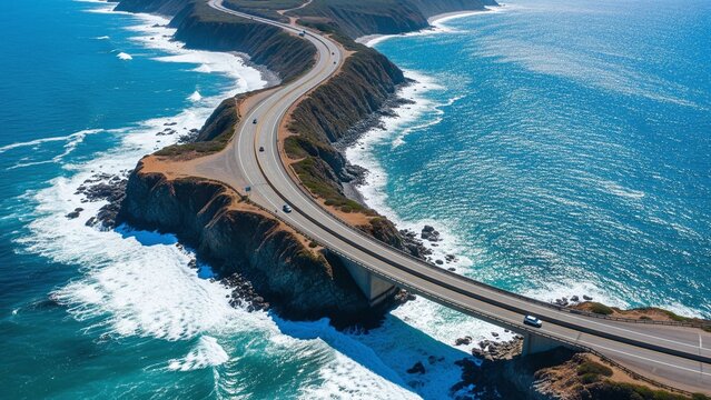 A sunny coastal highway winding along dramatic seaside cliffs, ocean waves below, evoking wanderlust, freedom, and iconic travel dreams. - Powered by Adobe