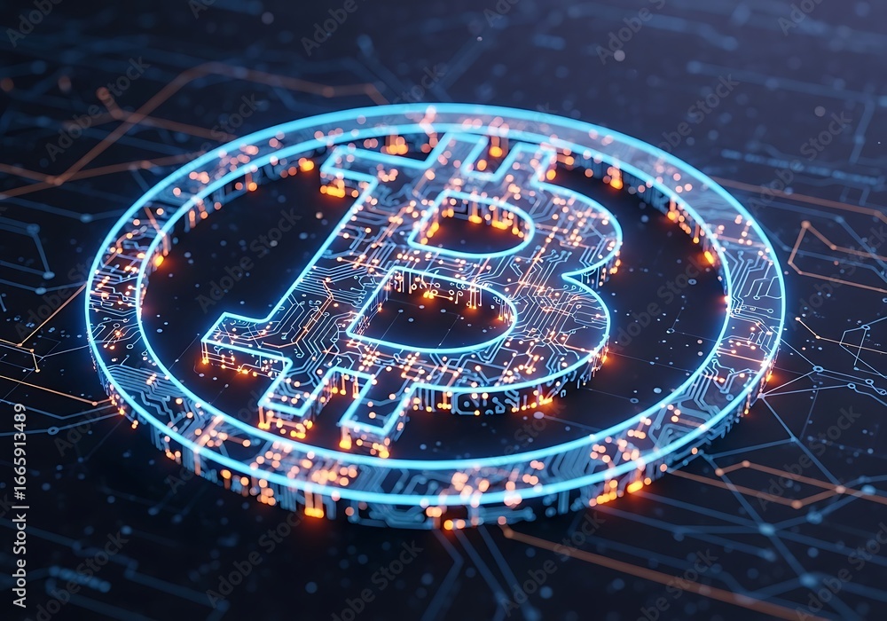 Poster abstract glowing bitcoin symbol on a digital circuit board background, representing cryptocurrency a