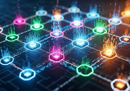 Abstract data flow through hexagonal network - Powered by Adobe