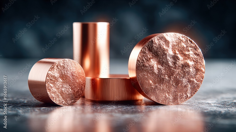 Poster copper cylinders and circles displayed against a dark, textured background, creating a unique metall