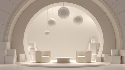 Minimalist White Modern Lounge with Hanging Spheres and Circular Architecture