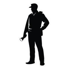 Security Guard Patrolling Silhouette, Vector, Illustration, Outline, Line Art, Icon, White Background.