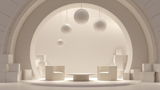 Minimalist White Modern Lounge with Hanging Spheres and Circular Architecture