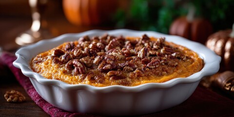 Baked sweet potato casserole in a white scalloped dish topped with glazed pecans and a crunchy brown-sugar crust, set on a rustic wooden table for a holiday meal.