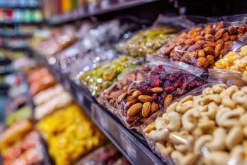 Close up of assorted frozen nuts and packaged dried fruits displayed in a grocery store aisle during mid-afternoon shopping hours