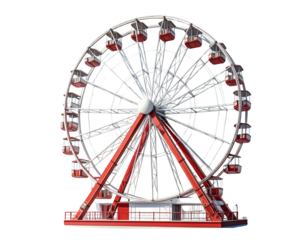Minimalist Red and White Ferris Wheel Silhouette with Gondolas, isolated on transparent background