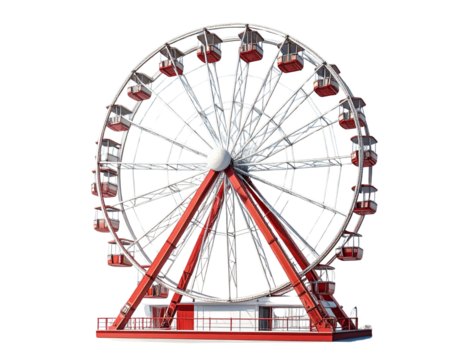 Minimalist Red and White Ferris Wheel Silhouette with Gondolas, isolated on transparent background