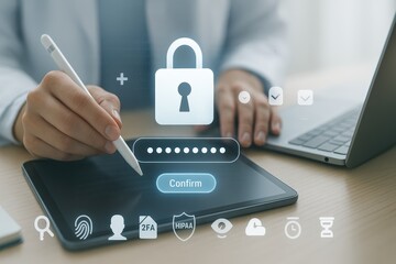 A person confirms security access on a tablet, using a stylus, with security icons overlayed, showcasing digital access and verification.