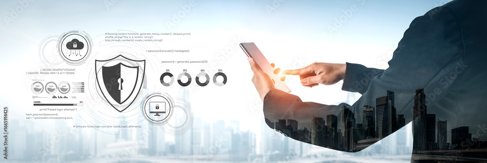 Poster cyber security protects against breaches, hacks, and network attacks using strong infrastructure and