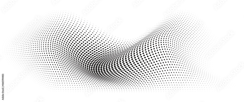 Poster flowing wave dot halftone pattern: curve gradient shape on transparent background. suitable for ai, 
