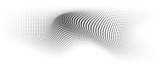 Fototapeta premium Flowing Wave Dot Halftone Pattern: Curve Gradient Shape on Transparent Background. Suitable for AI, Tech, Network, Digital, Science, and Technology Themes.